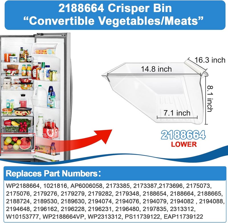 Alvar [2 Pack] Upgraded 2188656 Fridge Crisper Drawer UPPER Humidity Control Drawer & 2188664 Crisper Bin LOWER Refrigerator Drawer Replacement For Kenmore Whirlpool Fridge Drawer Parts WRS325FDAM04 Drawer - Image 4